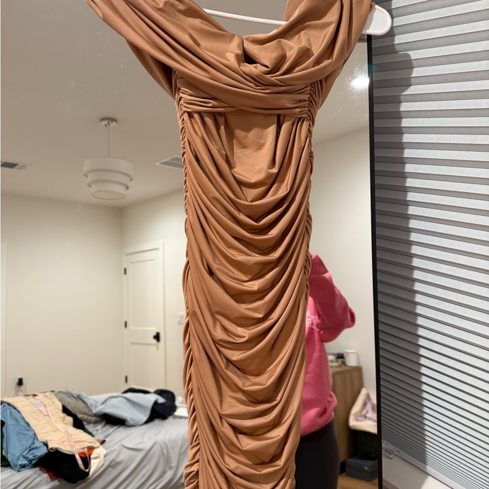 Elegant Tan Ruched Dress